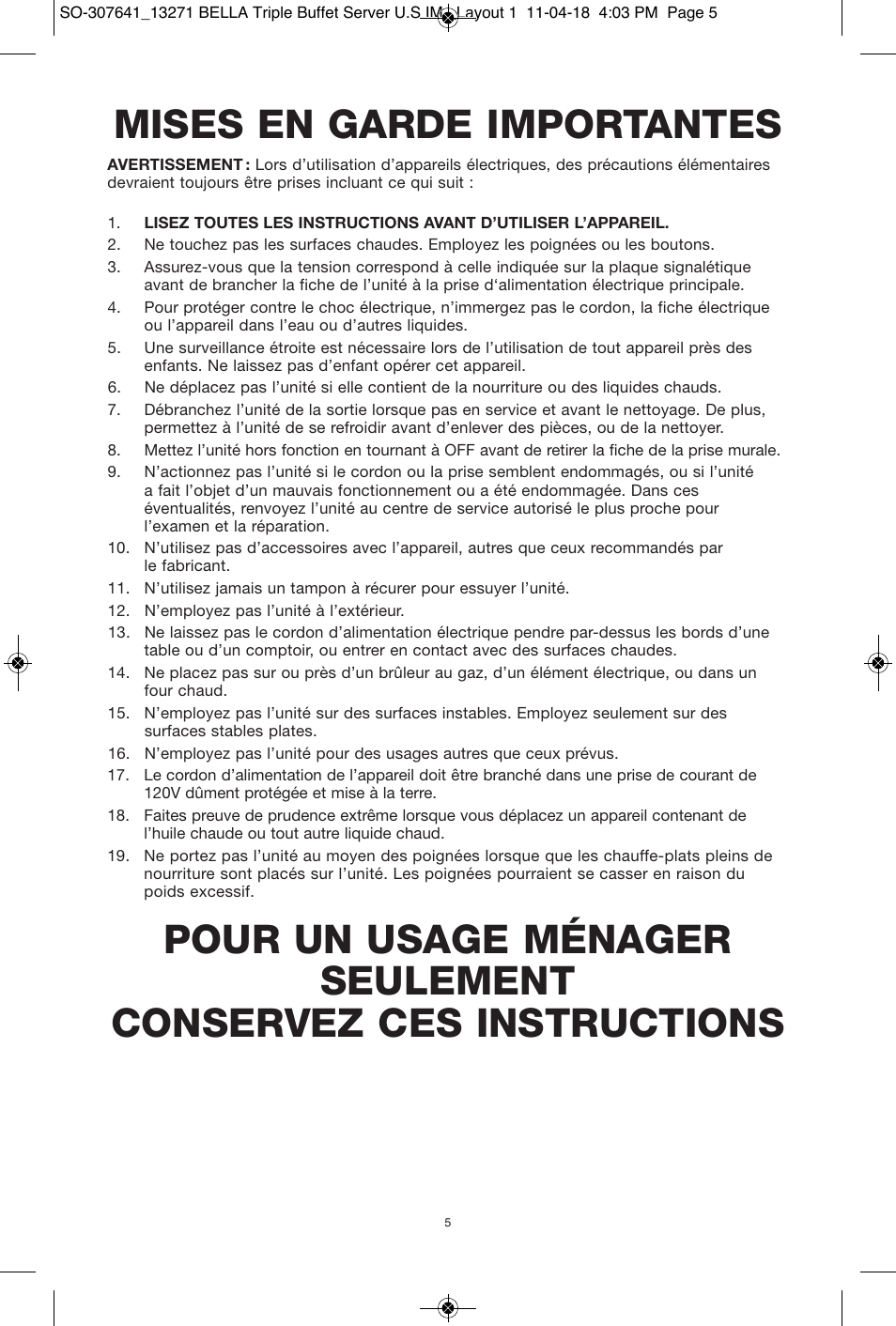 Mises en garde importantes | BELLA 13271 2.5 QT Triple Buffet Server and Warming Tray User Manual | Page 6 / 11