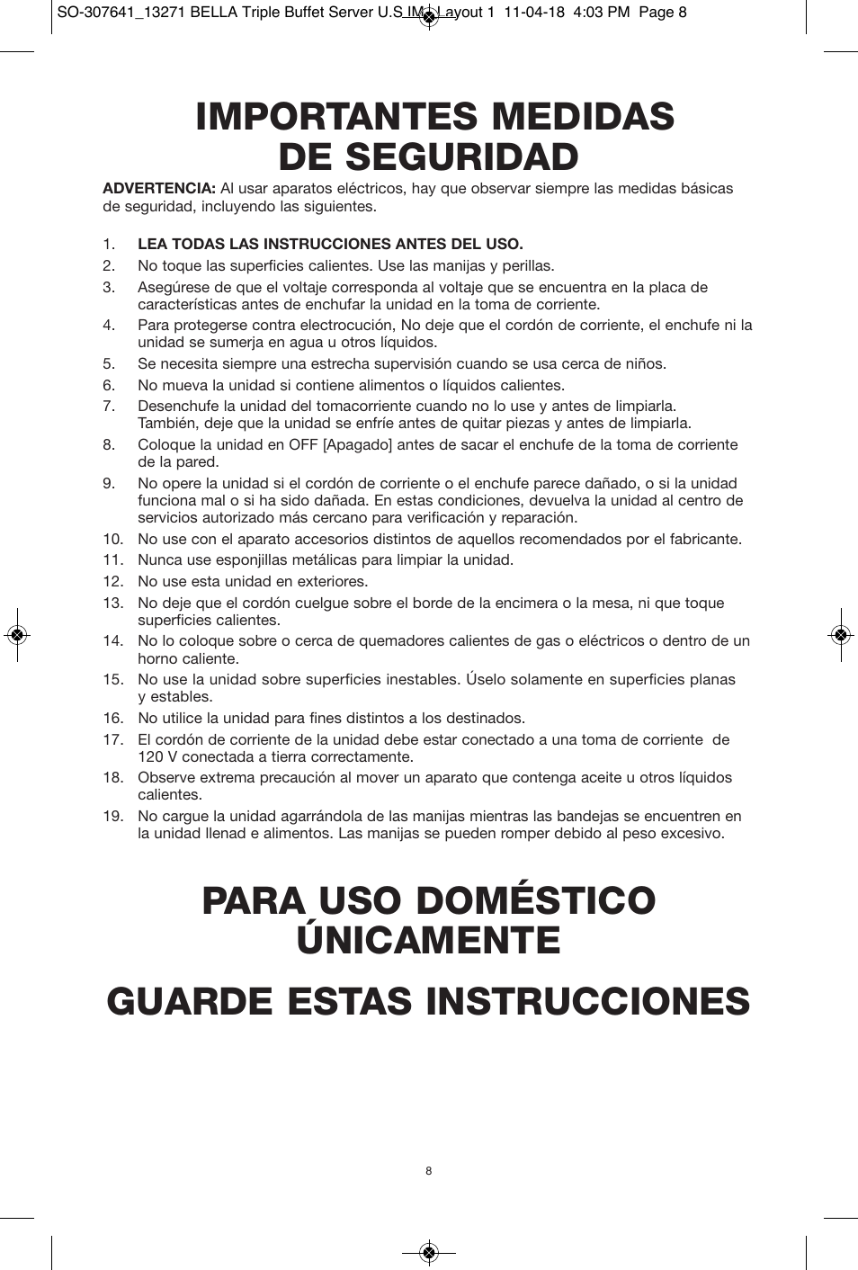 Importantes medidas de seguridad | BELLA 13271 2.5 QT Triple Buffet Server and Warming Tray User Manual | Page 9 / 11