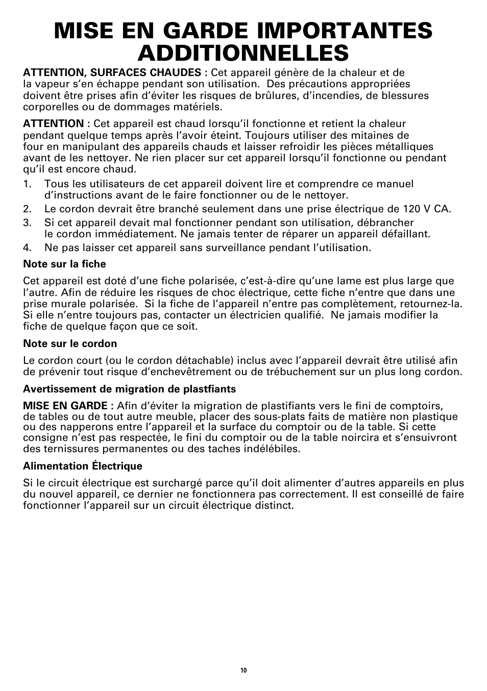 Mise en garde importantes additionnelles | BELLA 13820 12 X 12 Electric Skillet User Manual | Page 12 / 26