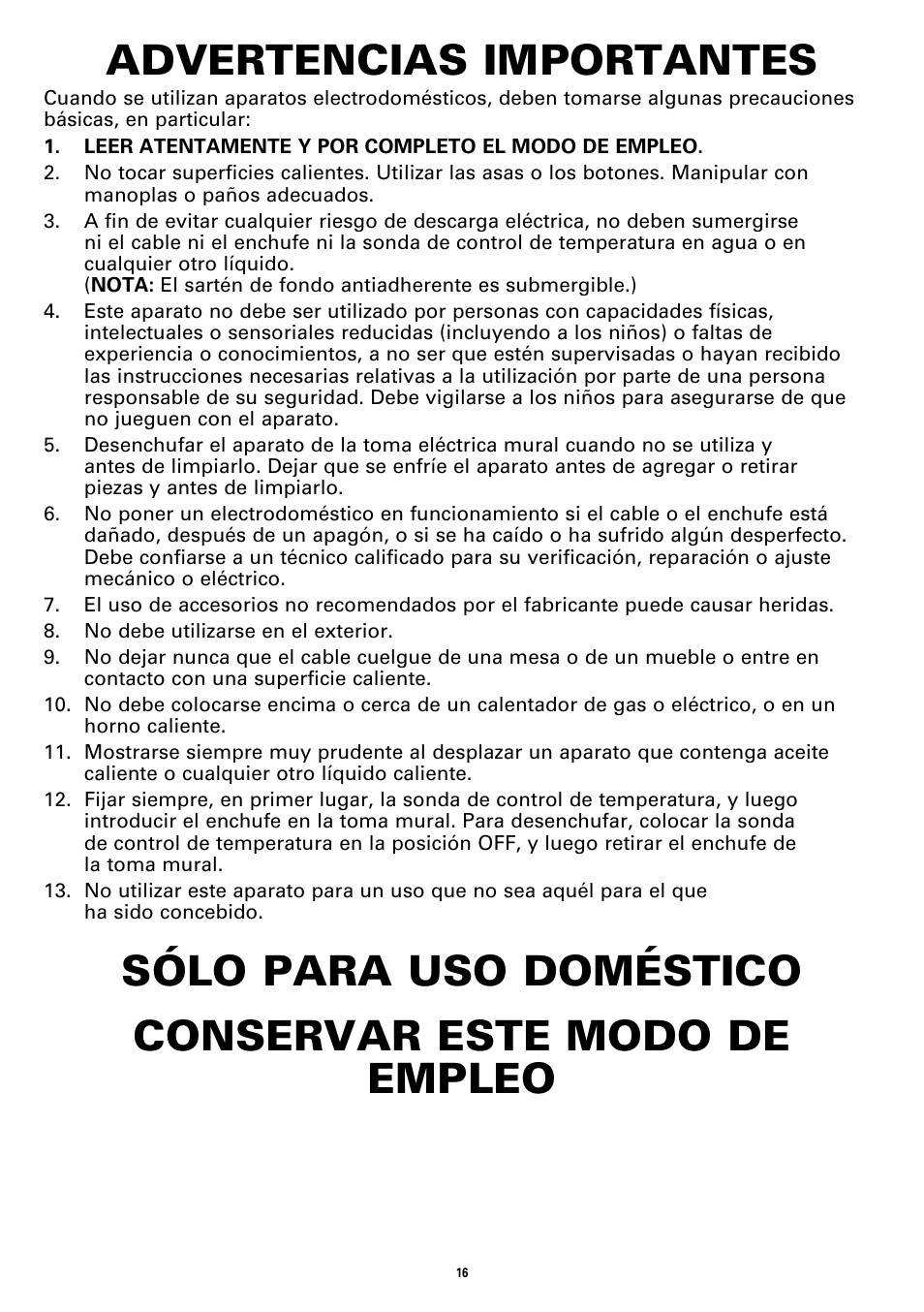 Advertencias importantes | BELLA 13820 12 X 12 Electric Skillet User Manual | Page 18 / 26