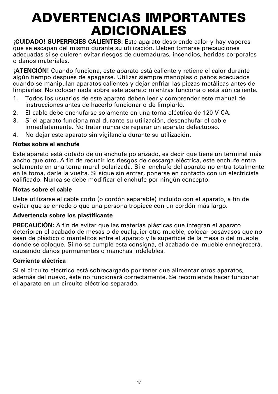 Advertencias importantes adicionales | BELLA 13820 12 X 12 Electric Skillet User Manual | Page 19 / 26