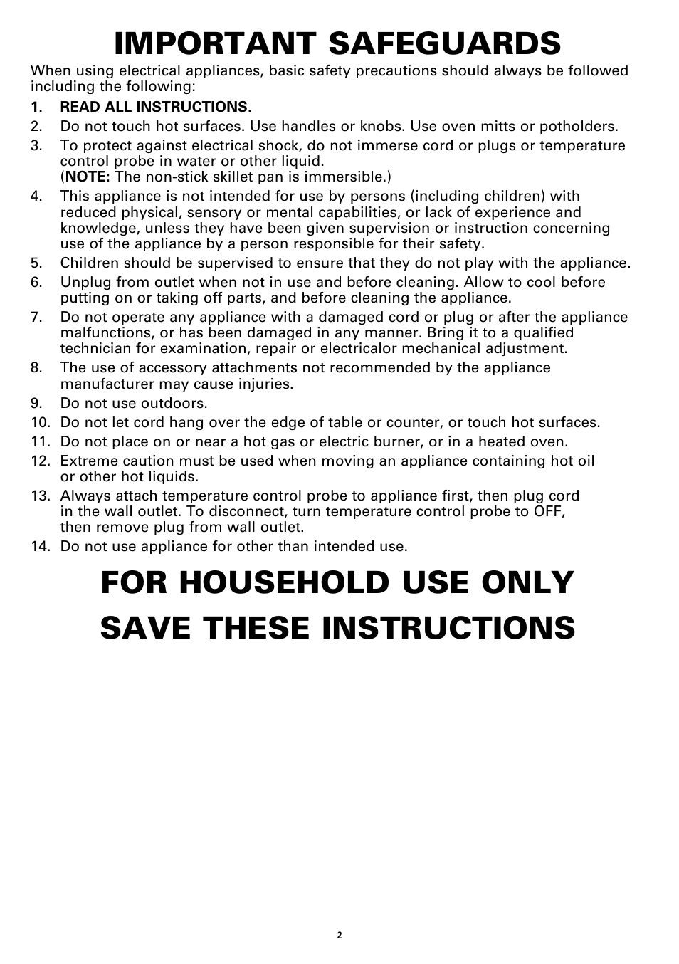 Important safeguards, For household use only save these instructions | BELLA 13820 12 X 12 Electric Skillet User Manual | Page 4 / 26