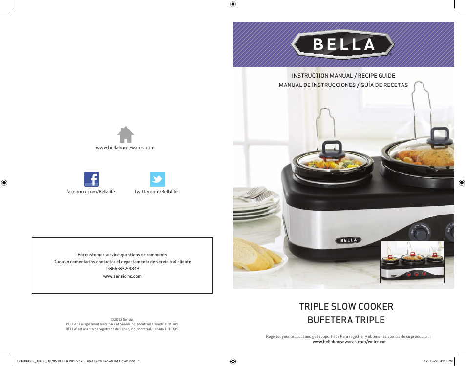 BELLA 13785 Multi-Size Triple Slow Cooker User Manual | 26 pages