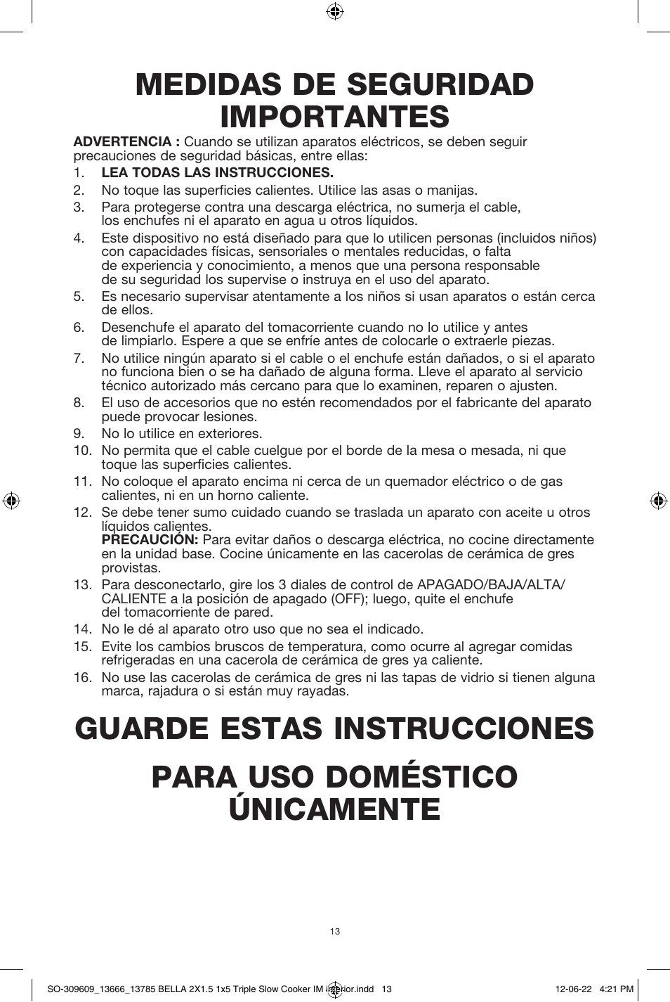 Medidas de seguridad importantes | BELLA 13785 Multi-Size Triple Slow Cooker User Manual | Page 15 / 26