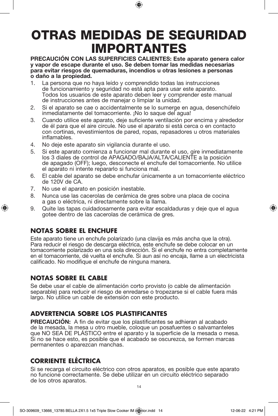 Otras medidas de seguridad importantes | BELLA 13785 Multi-Size Triple Slow Cooker User Manual | Page 16 / 26