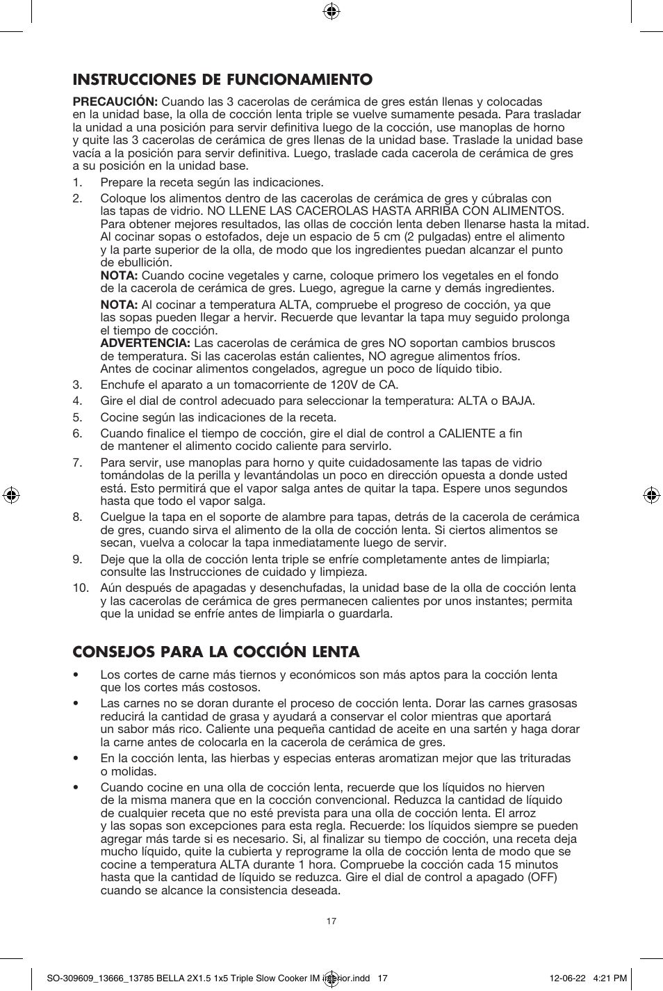 Instrucciones de funcionamiento, Consejos para la cocción lenta | BELLA 13785 Multi-Size Triple Slow Cooker User Manual | Page 19 / 26