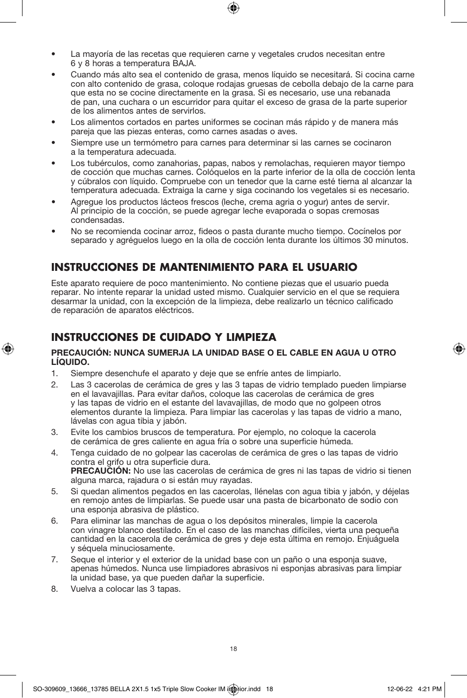 Instrucciones de mantenimiento para el usuario, Instrucciones de cuidado y limpieza | BELLA 13785 Multi-Size Triple Slow Cooker User Manual | Page 20 / 26