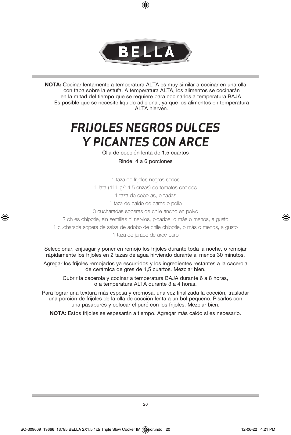 Frijoles negros dulces y picantes con arce | BELLA 13785 Multi-Size Triple Slow Cooker User Manual | Page 22 / 26