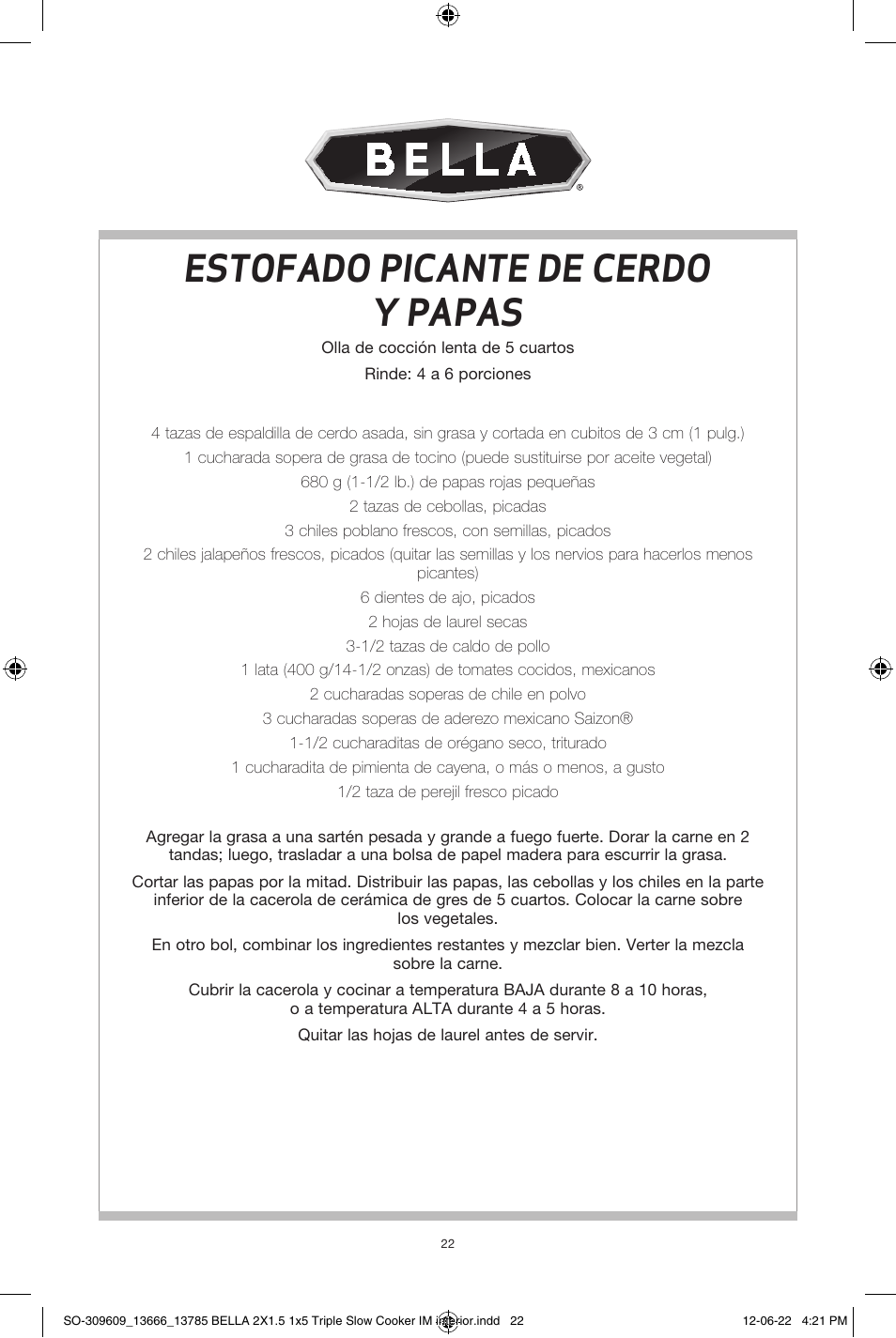 Estofado picante de cerdo y papas | BELLA 13785 Multi-Size Triple Slow Cooker User Manual | Page 24 / 26