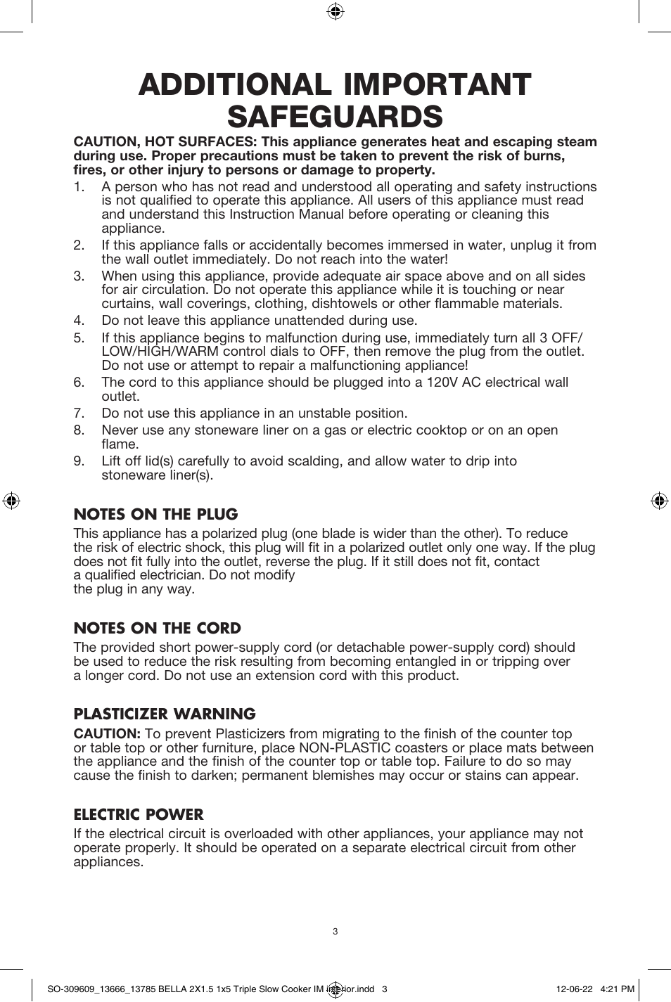 Additional important safeguards | BELLA 13785 Multi-Size Triple Slow Cooker User Manual | Page 5 / 26