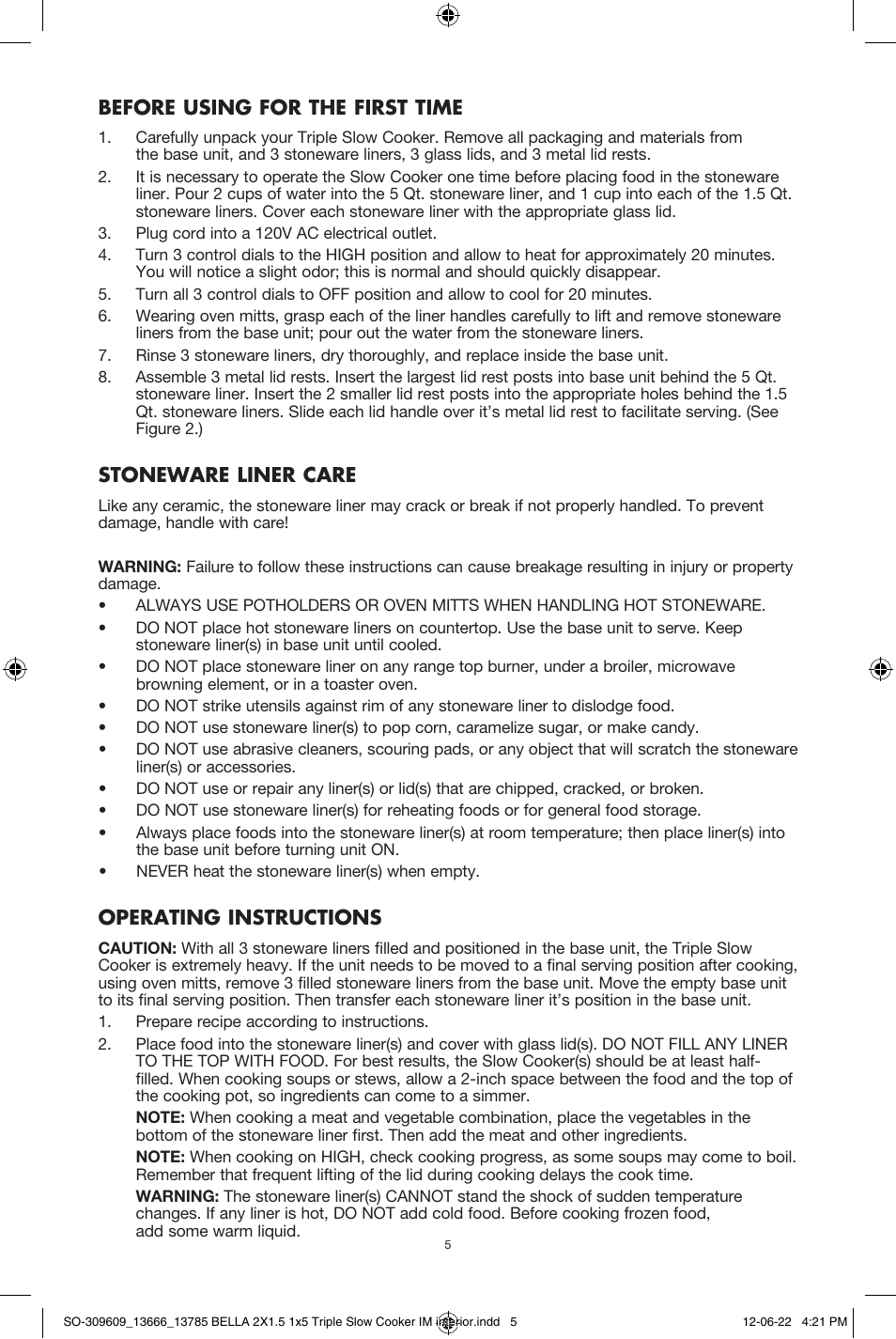 Before using for the first time, Stoneware liner care, Operating instructions | BELLA 13785 Multi-Size Triple Slow Cooker User Manual | Page 7 / 26