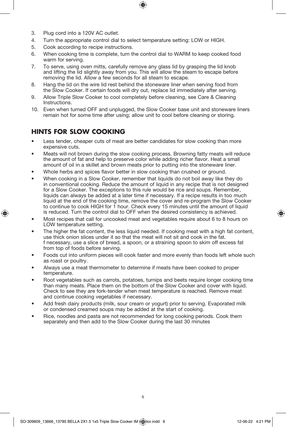 Hints for slow cooking | BELLA 13785 Multi-Size Triple Slow Cooker User Manual | Page 8 / 26