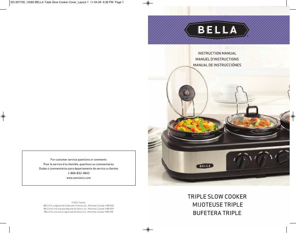 BELLA 13582 3X1.5QT Oval Triple Slow Cooker with Lid Rests User Manual | 75 pages