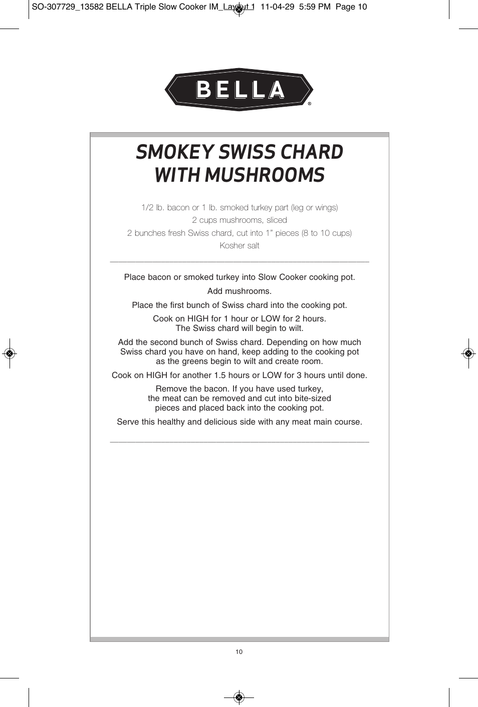 Smokey swiss chard with mushrooms | BELLA 13582 3X1.5QT Oval Triple Slow Cooker with Lid Rests User Manual | Page 11 / 75