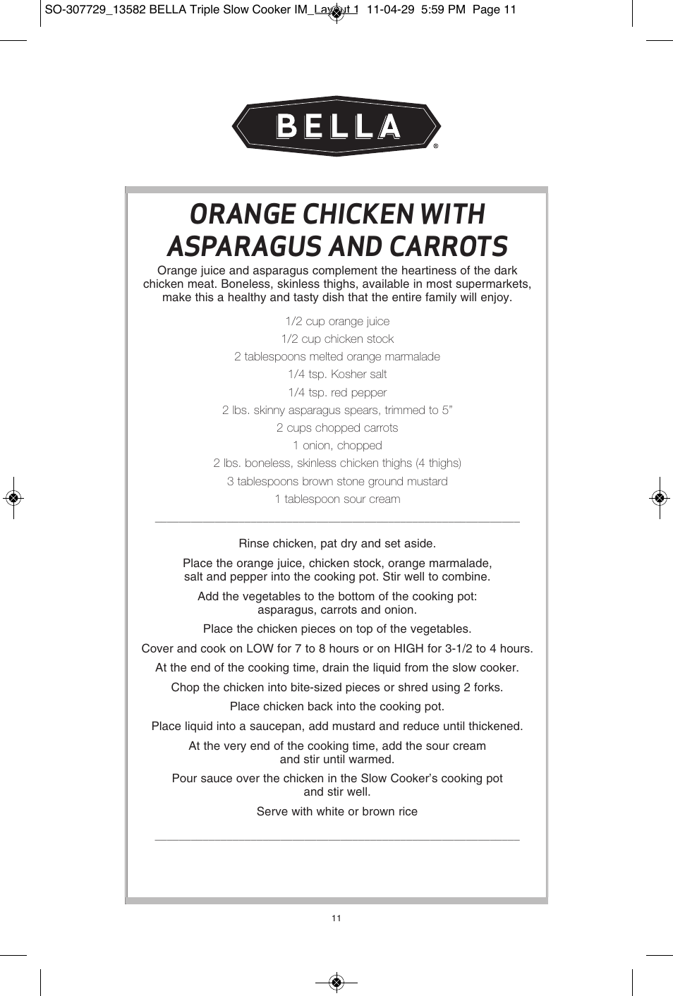 Orange chicken with asparagus and carrots | BELLA 13582 3X1.5QT Oval Triple Slow Cooker with Lid Rests User Manual | Page 12 / 75