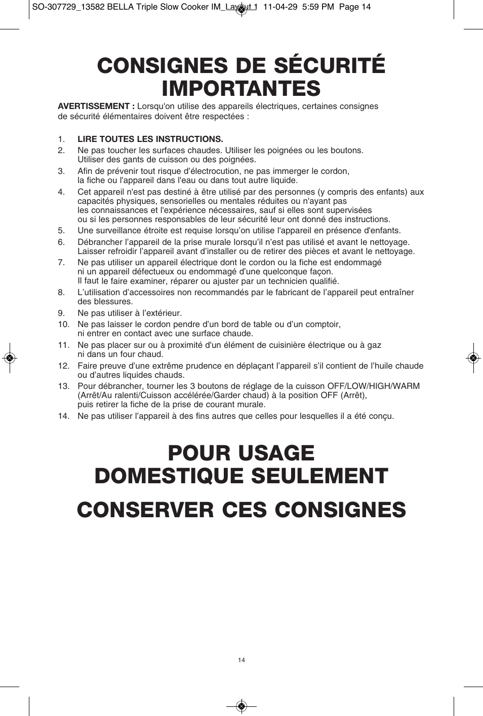 Consignes de sécurité importantes | BELLA 13582 3X1.5QT Oval Triple Slow Cooker with Lid Rests User Manual | Page 15 / 75