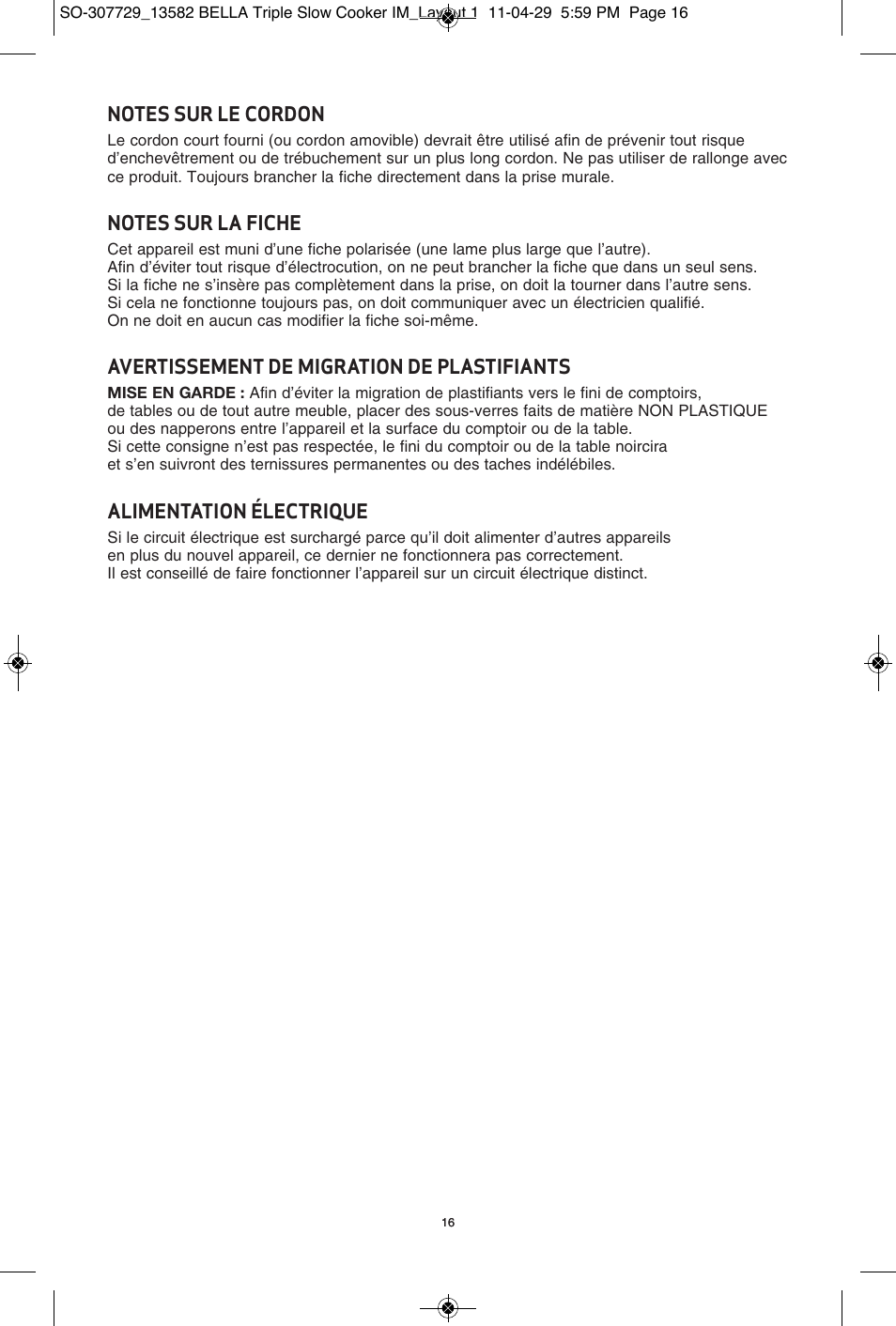 Avertissement de migration de plastifiants, Alimentation électrique | BELLA 13582 3X1.5QT Oval Triple Slow Cooker with Lid Rests User Manual | Page 17 / 75