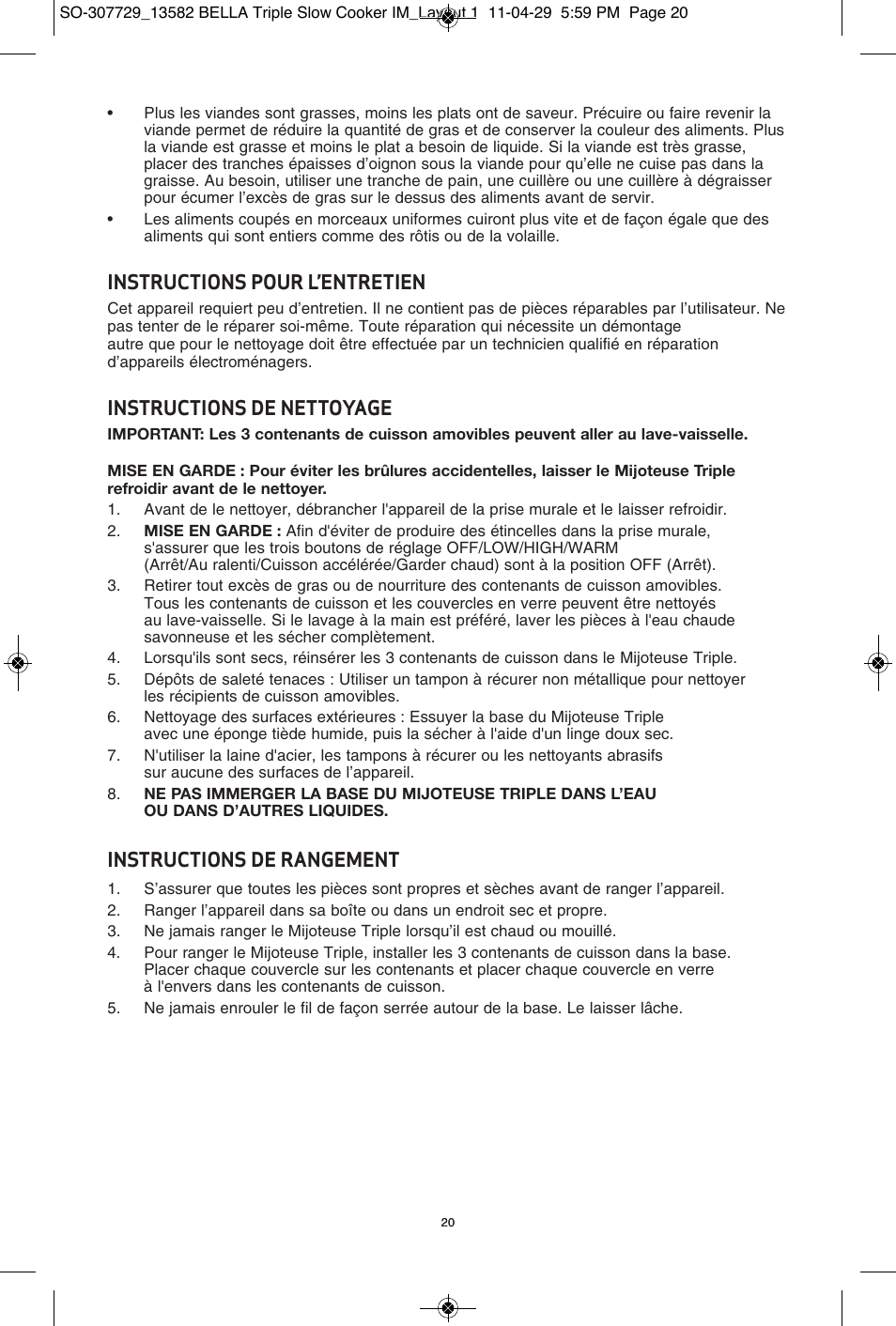 Instructions pour l’entretien, Instructions de nettoyage, Instructions de rangement | BELLA 13582 3X1.5QT Oval Triple Slow Cooker with Lid Rests User Manual | Page 21 / 75