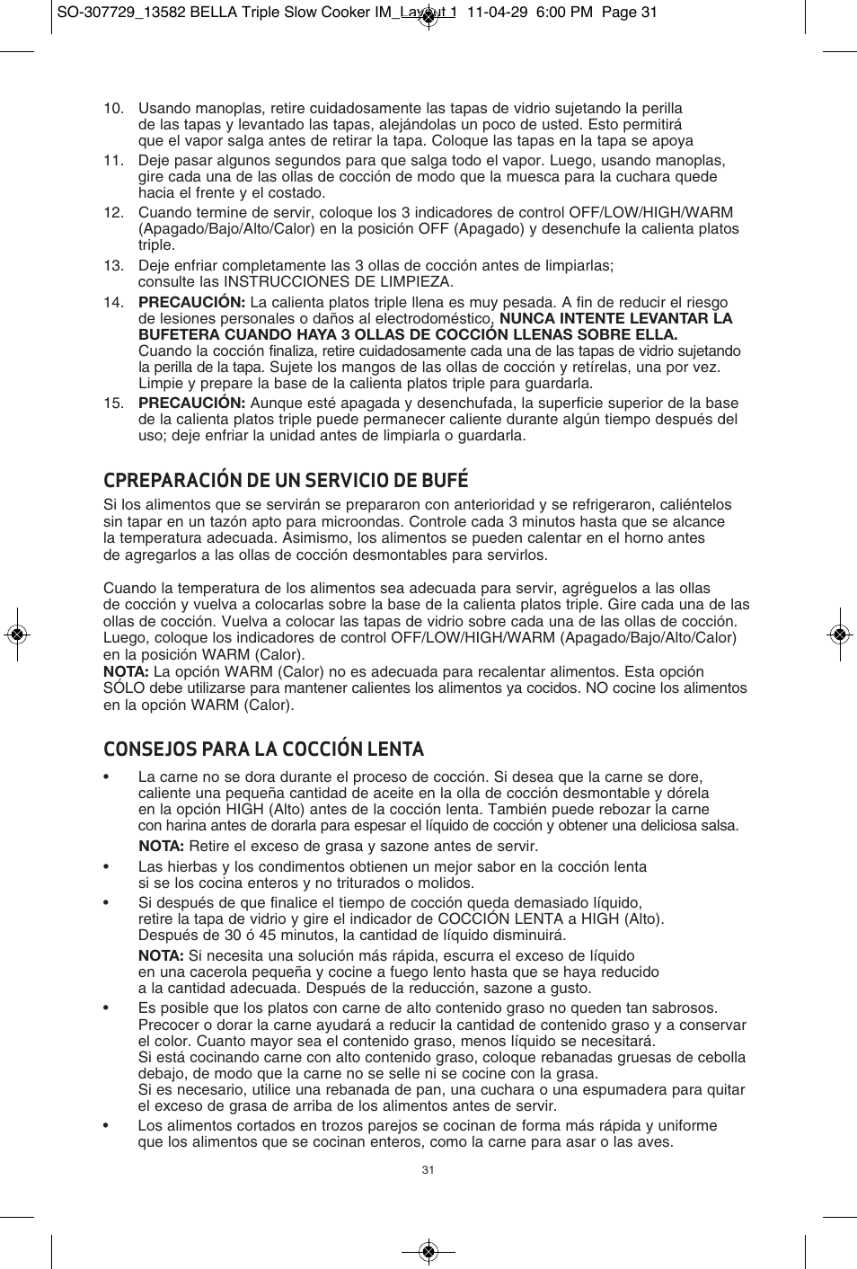 Cpreparación de un servicio de bufé, Consejos para la cocción lenta | BELLA 13582 3X1.5QT Oval Triple Slow Cooker with Lid Rests User Manual | Page 32 / 75