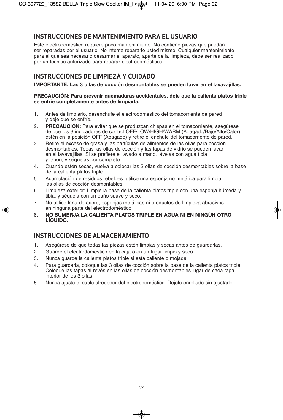 Instrucciones de mantenimiento para el usuario, Instrucciones de limpieza y cuidado, Instrucciones de almacenamiento | BELLA 13582 3X1.5QT Oval Triple Slow Cooker with Lid Rests User Manual | Page 33 / 75