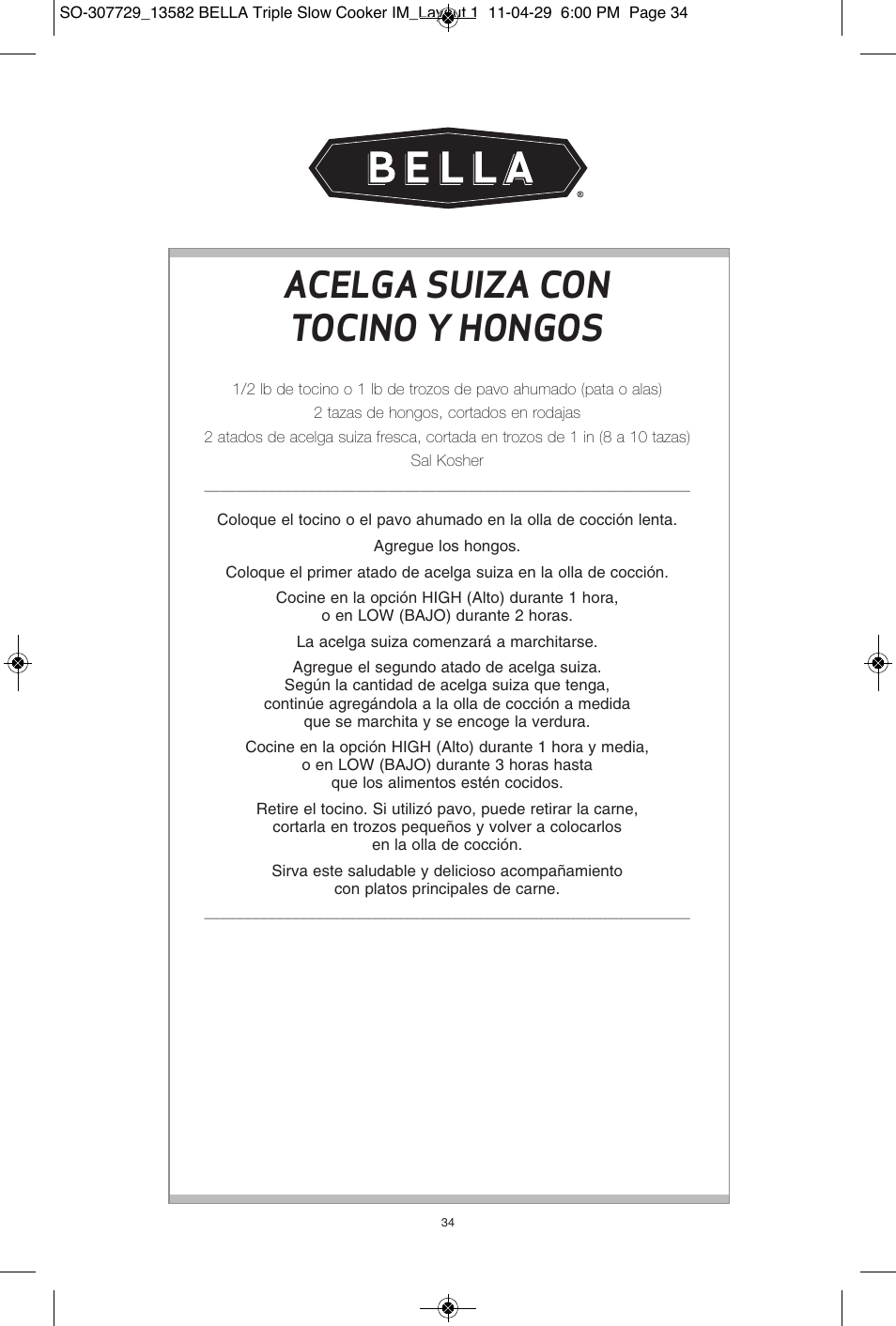 Acelga suiza con tocino y hongos | BELLA 13582 3X1.5QT Oval Triple Slow Cooker with Lid Rests User Manual | Page 35 / 75