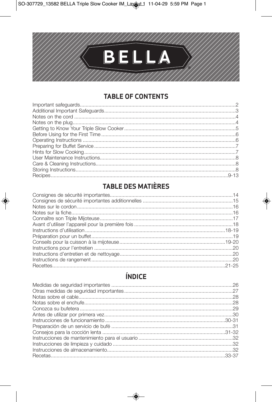 BELLA 13582 3X1.5QT Oval Triple Slow Cooker with Lid Rests User Manual | Page 39 / 75