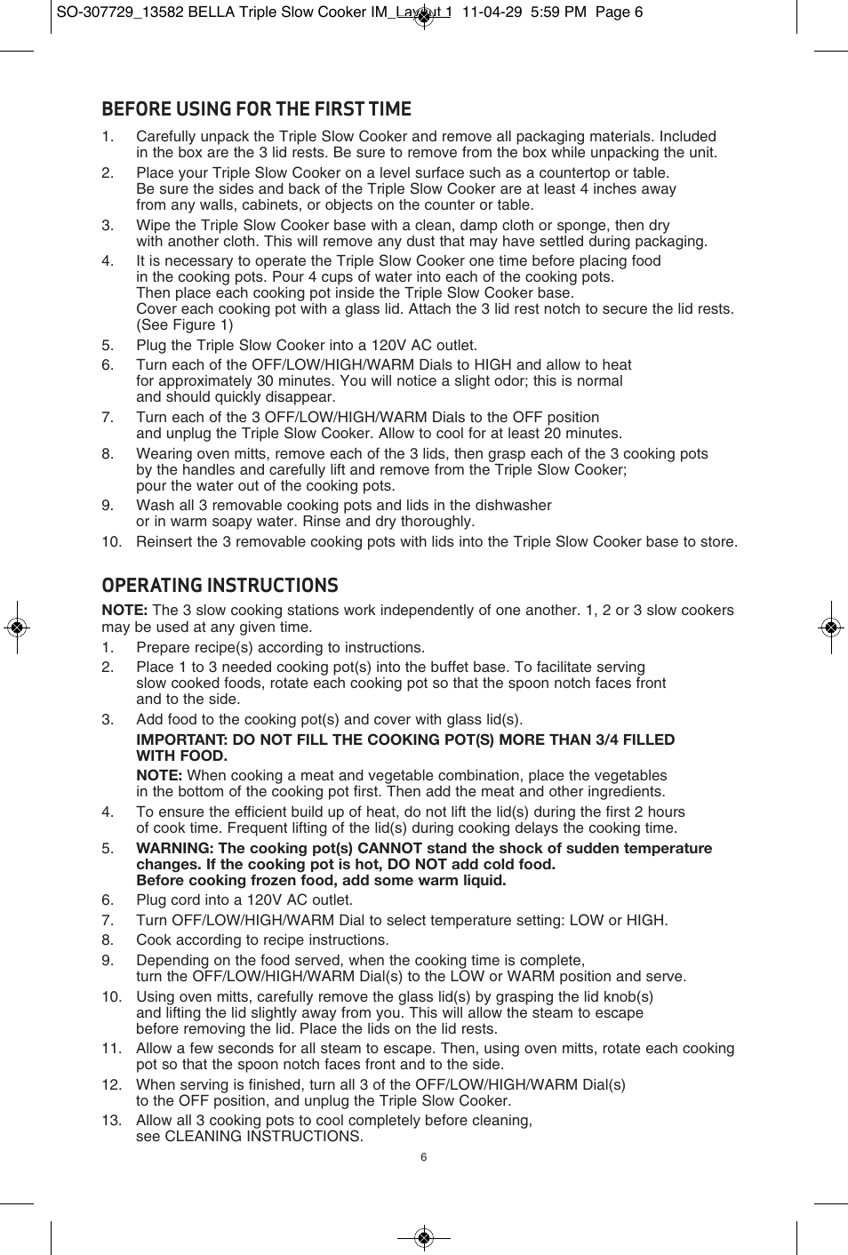 Before using for the first time, Operating instructions | BELLA 13582 3X1.5QT Oval Triple Slow Cooker with Lid Rests User Manual | Page 44 / 75