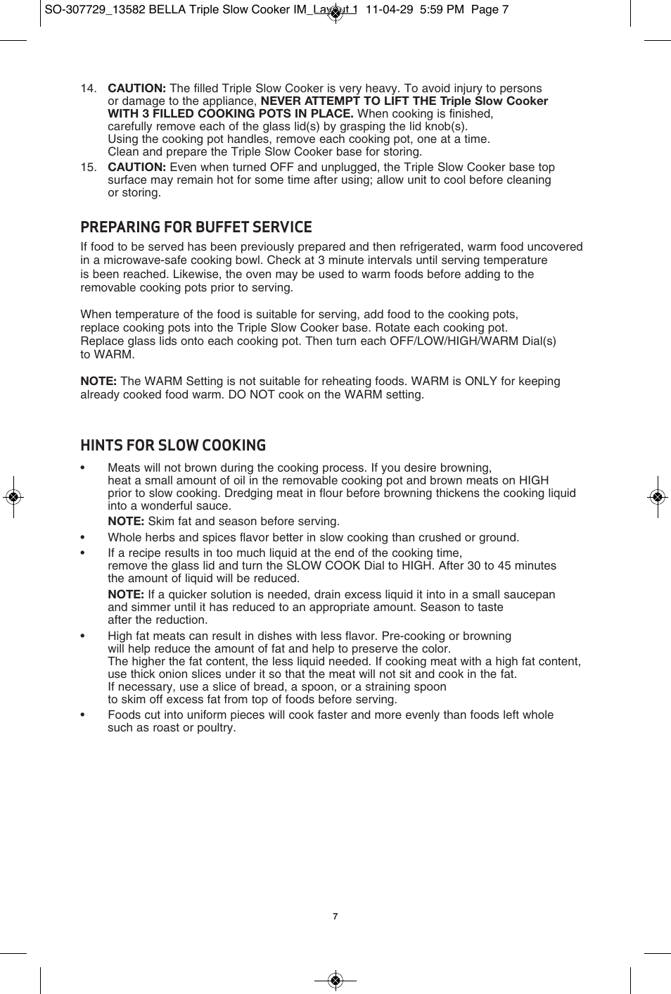 Preparing for buffet service, Hints for slow cooking | BELLA 13582 3X1.5QT Oval Triple Slow Cooker with Lid Rests User Manual | Page 45 / 75