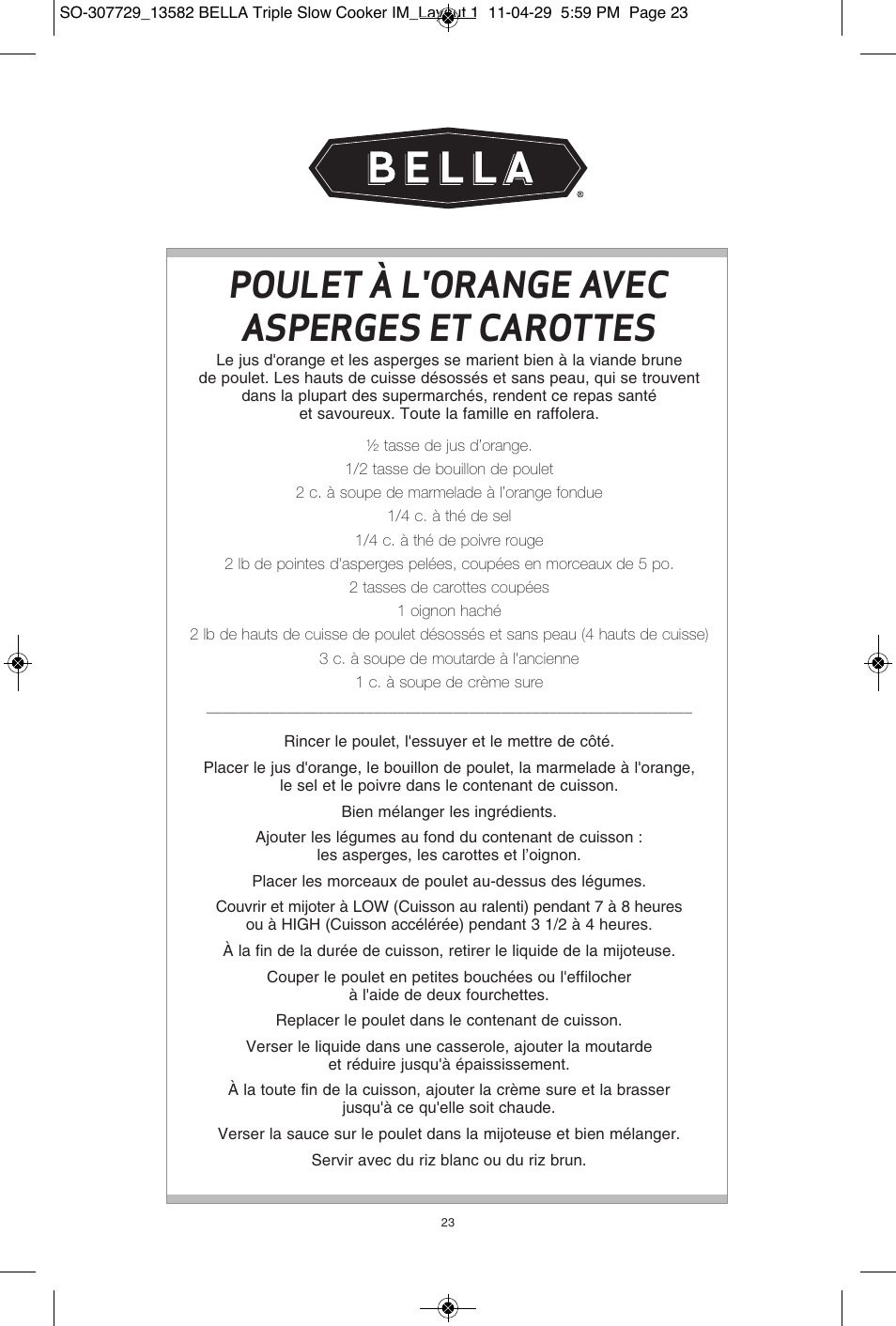 Poulet à l'orange avec asperges et carottes | BELLA 13582 3X1.5QT Oval Triple Slow Cooker with Lid Rests User Manual | Page 61 / 75