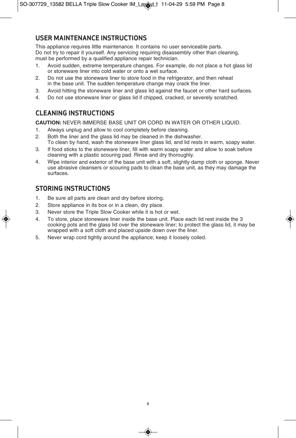 User maintenance instructions, Cleaning instructions, Storing instructions | BELLA 13582 3X1.5QT Oval Triple Slow Cooker with Lid Rests User Manual | Page 9 / 75