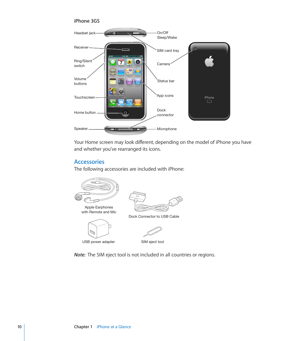 Accessories, Iphone 3gs, The following accessories are included with iphone | Apple iPhone 4G User Manual | Page 10 / 274