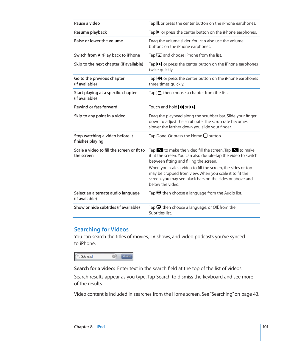 Searching for videos | Apple iPhone 4G User Manual | Page 101 / 274