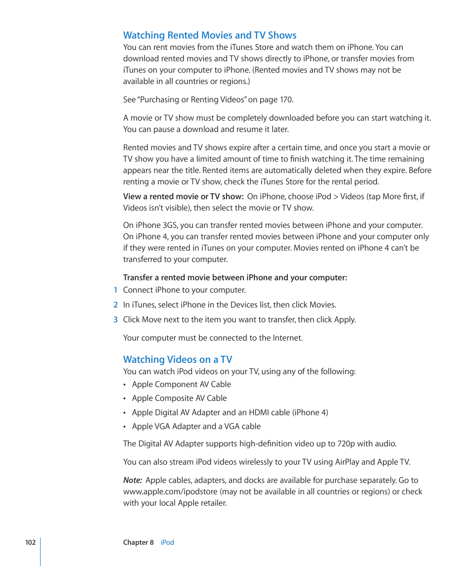 Watching videos on a tv, Watching rented movies and tv shows | Apple iPhone 4G User Manual | Page 102 / 274