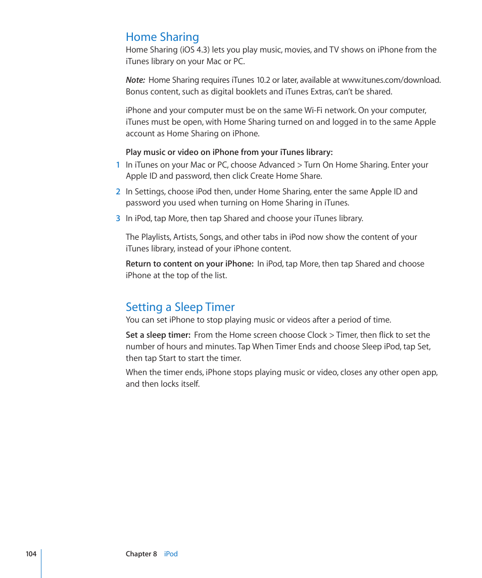 Home sharing, Setting a sleep timer, 104 home sharing 104 setting a sleep timer | Apple iPhone 4G User Manual | Page 104 / 274