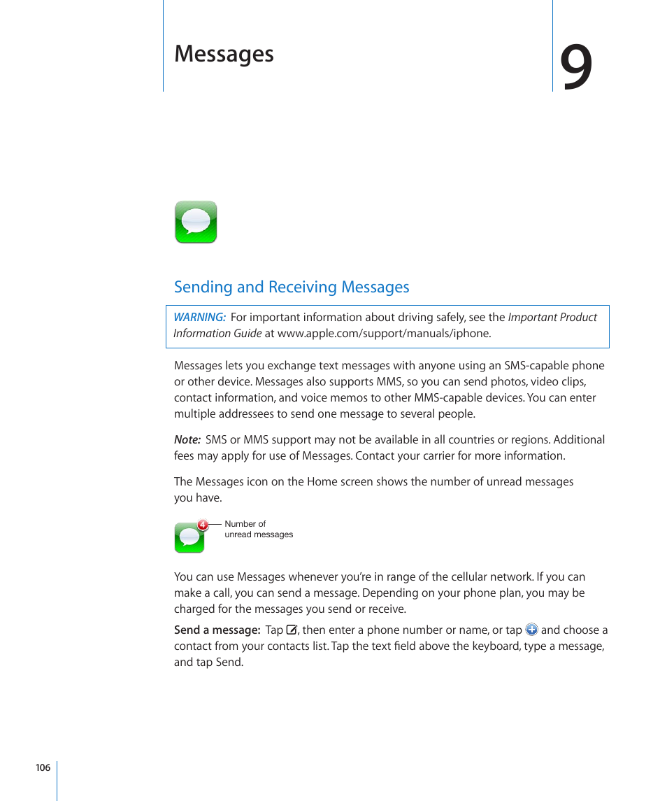 Chapter 9: messages, Sending and receiving messages, 106 sending and receiving messages | Messages | Apple iPhone 4G User Manual | Page 106 / 274