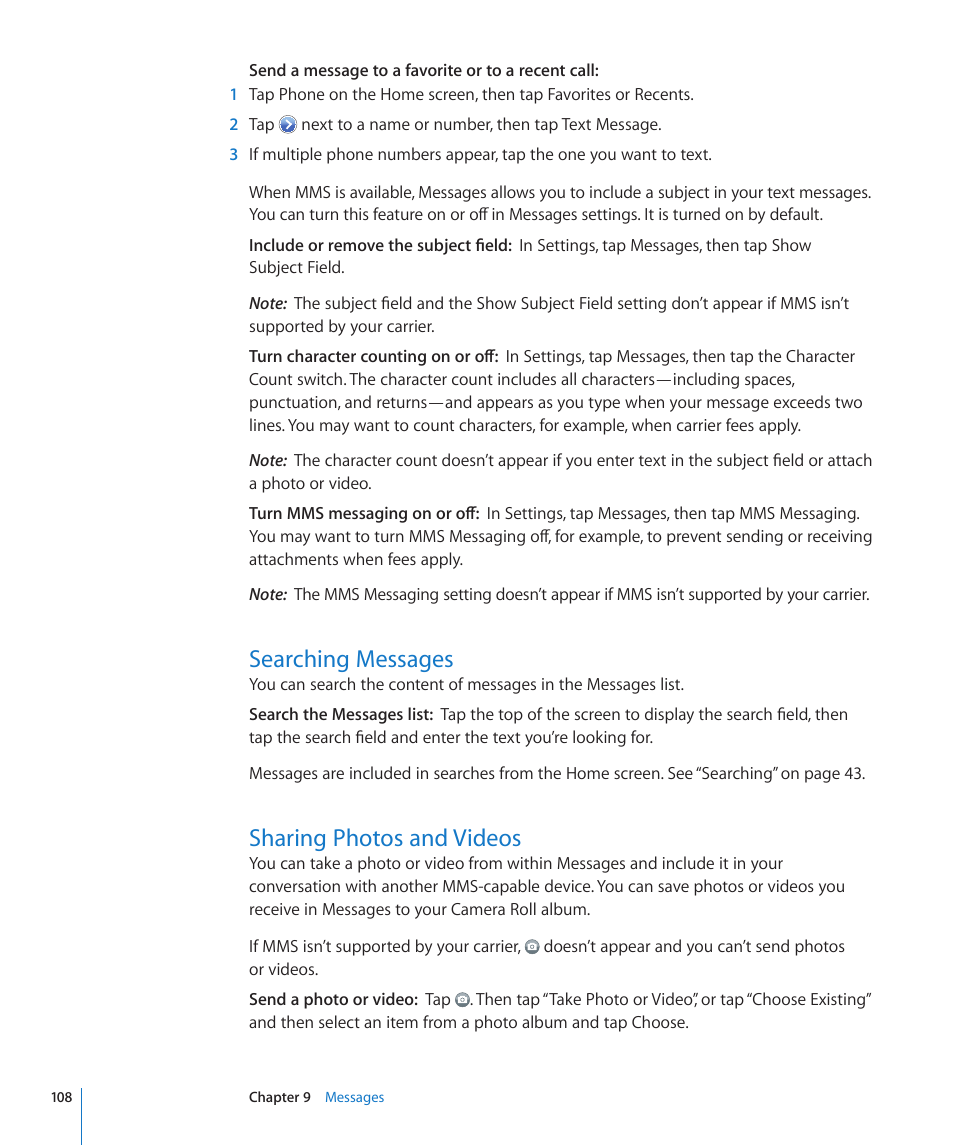 Searching messages, Sharing photos and videos | Apple iPhone 4G User Manual | Page 108 / 274