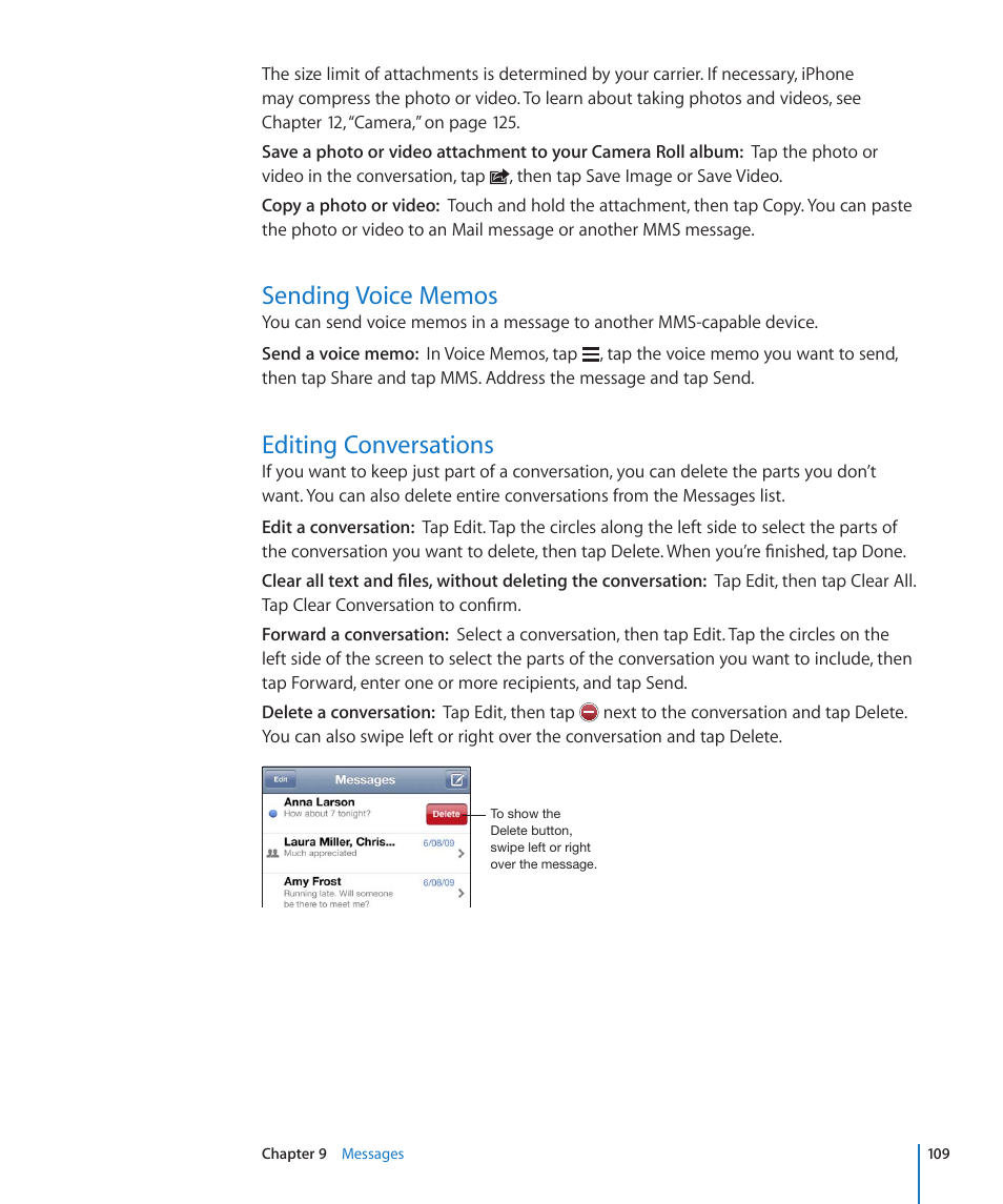 Sending voice memos, Editing conversations, 109 sending voice memos 109 editing conversations | Apple iPhone 4G User Manual | Page 109 / 274