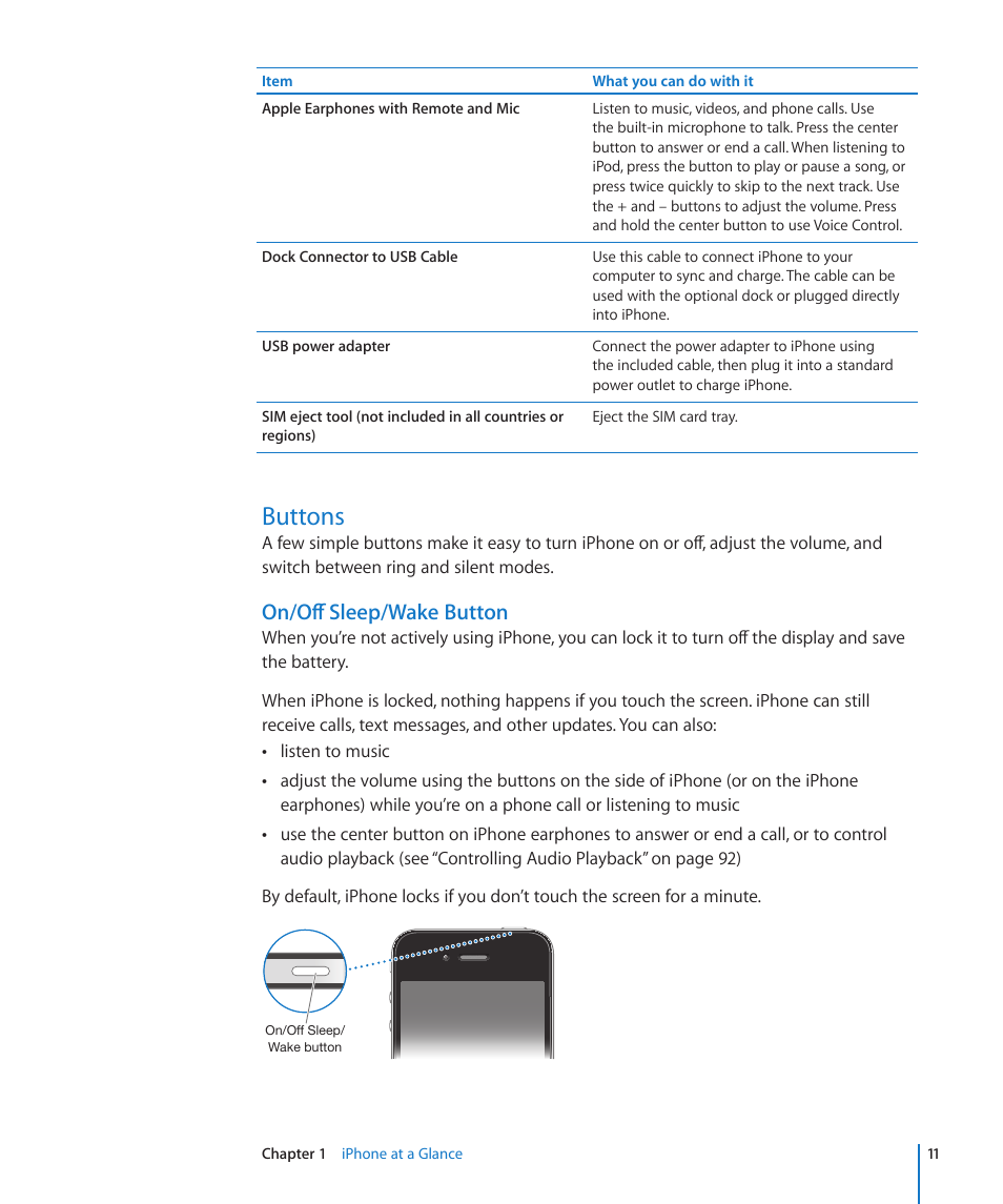 Buttons, On/off sleep/wake button | Apple iPhone 4G User Manual | Page 11 / 274