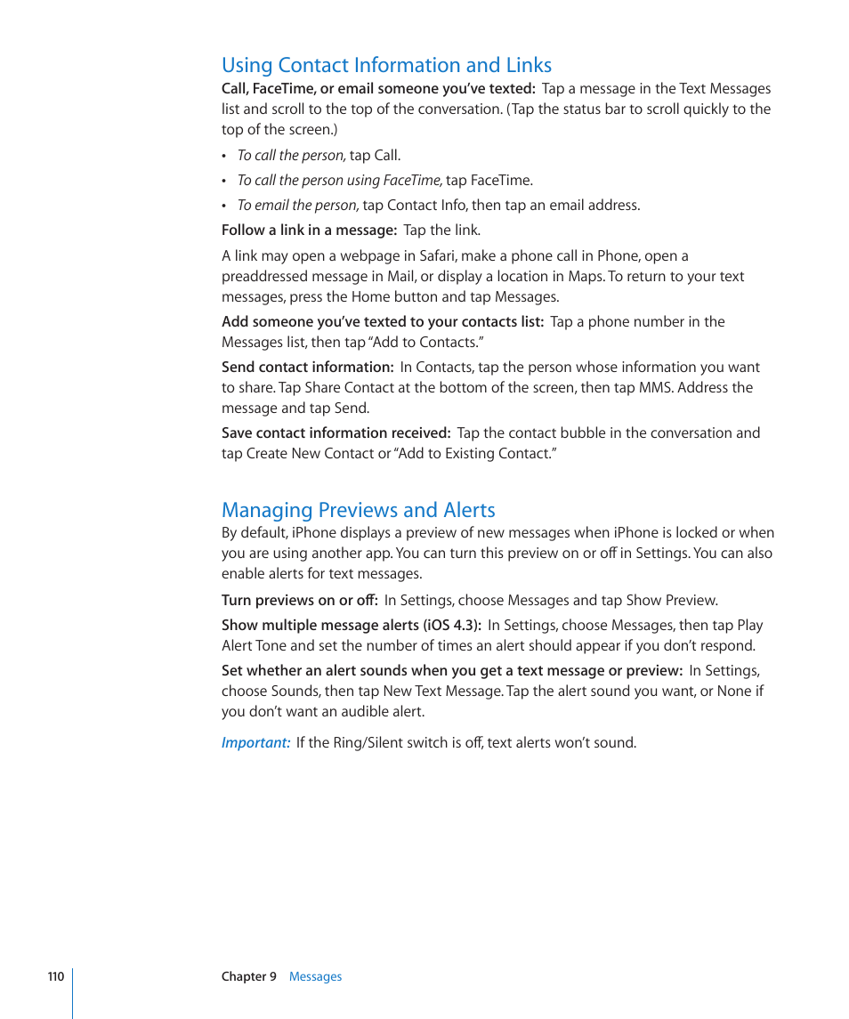 Using contact information and links, Managing previews and alerts | Apple iPhone 4G User Manual | Page 110 / 274