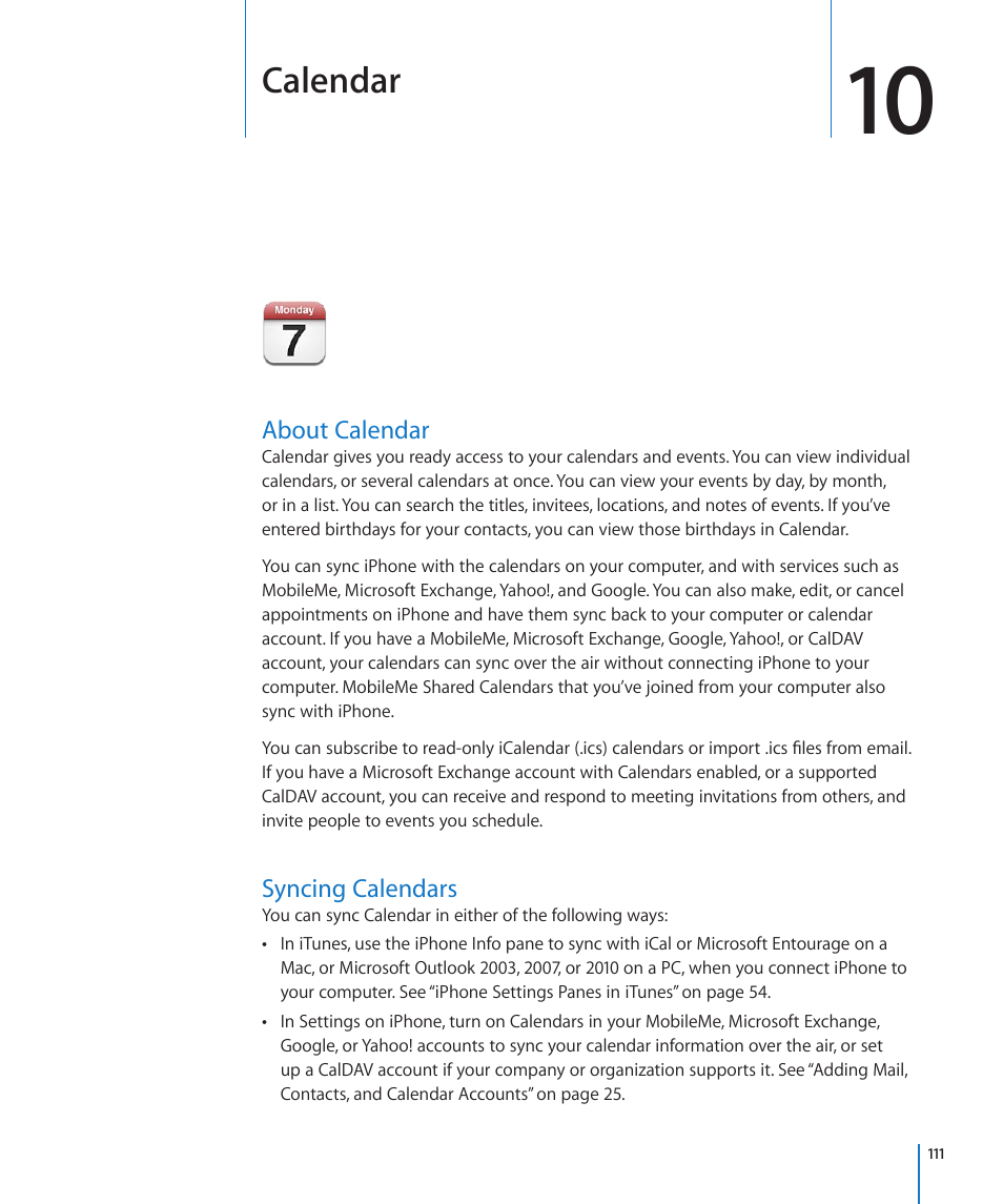 Chapter 10: calendar, About calendar, Syncing calendars | 111 about calendar 111 syncing calendars, Calendar | Apple iPhone 4G User Manual | Page 111 / 274