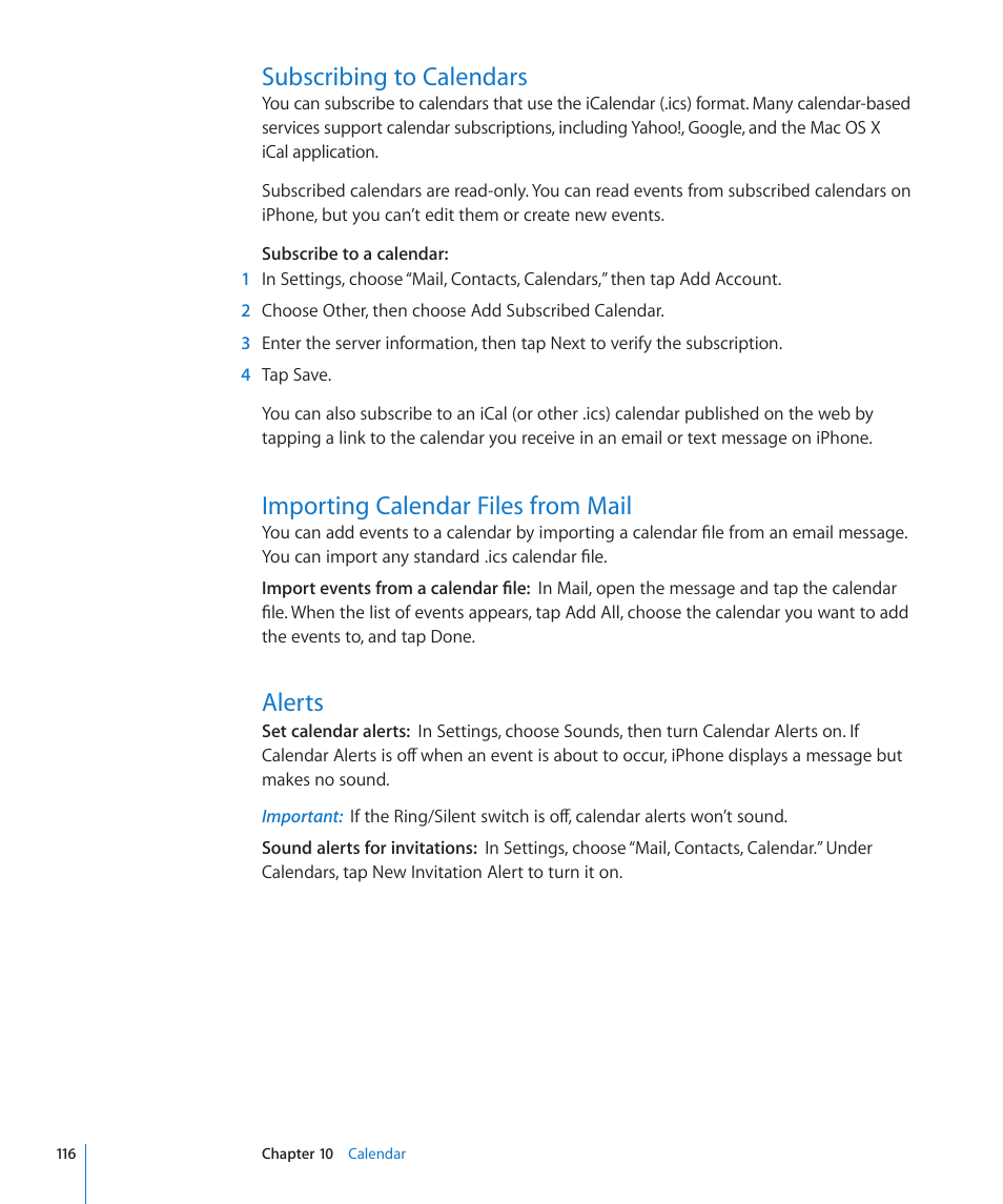 Subscribing to calendars, Importing calendar files from mail, Alerts | Apple iPhone 4G User Manual | Page 116 / 274