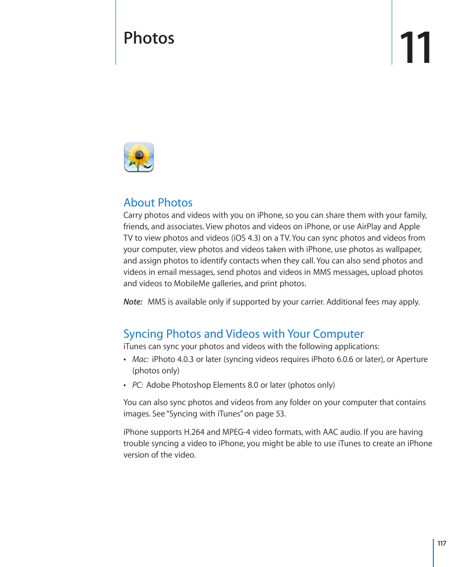 Chapter 11: photos, About photos, Syncing photos and videos with your computer | Photos | Apple iPhone 4G User Manual | Page 117 / 274