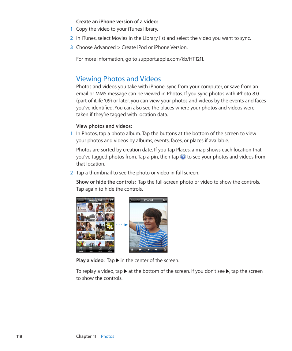 Viewing photos and videos, 118 viewing photos and videos | Apple iPhone 4G User Manual | Page 118 / 274