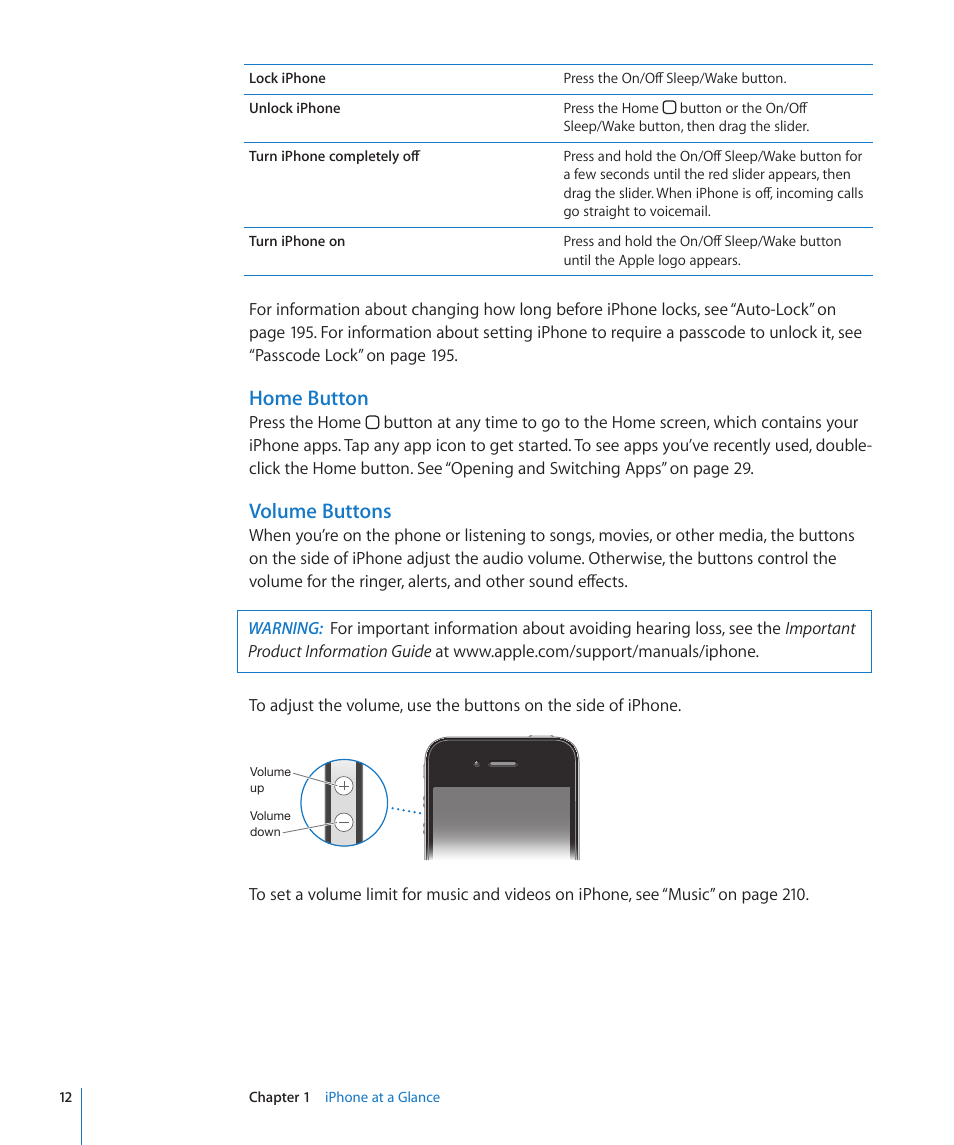 Home button, Volume buttons | Apple iPhone 4G User Manual | Page 12 / 274