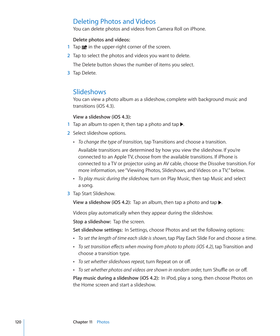 Deleting photos and videos, Slideshows, 120 deleting photos and videos 120 slideshows | Apple iPhone 4G User Manual | Page 120 / 274