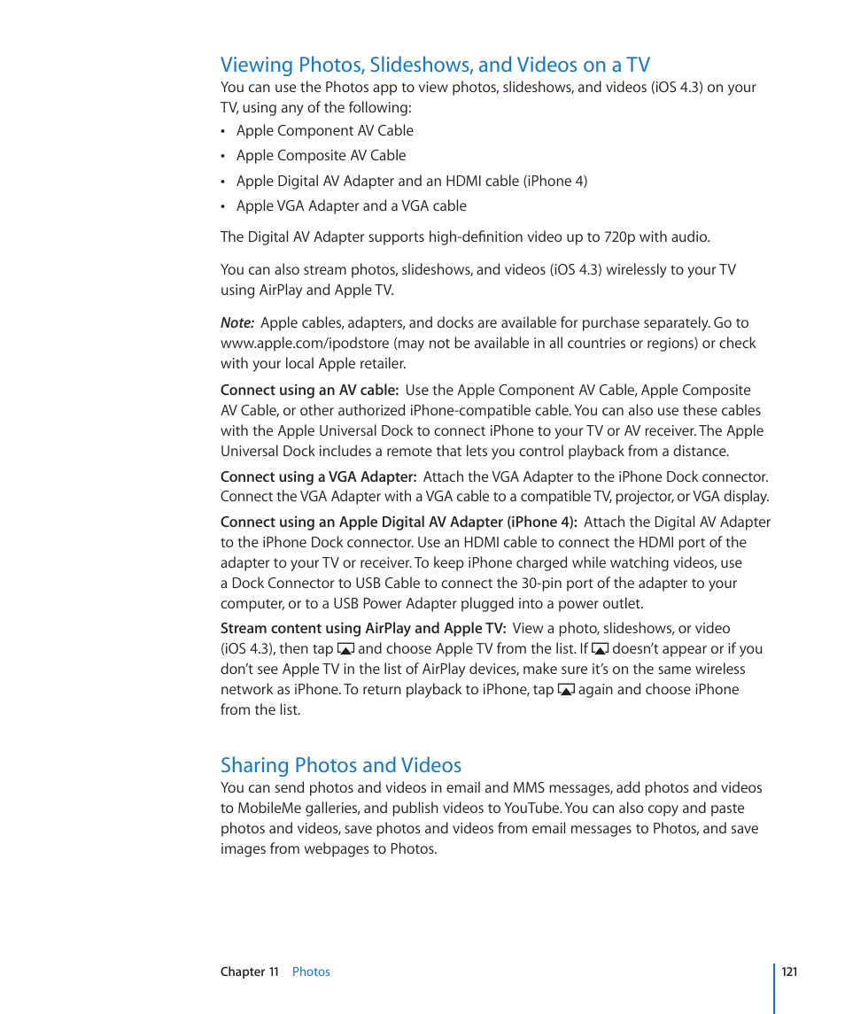 Viewing photos, slideshows, and videos on a tv, Sharing photos and videos | Apple iPhone 4G User Manual | Page 121 / 274