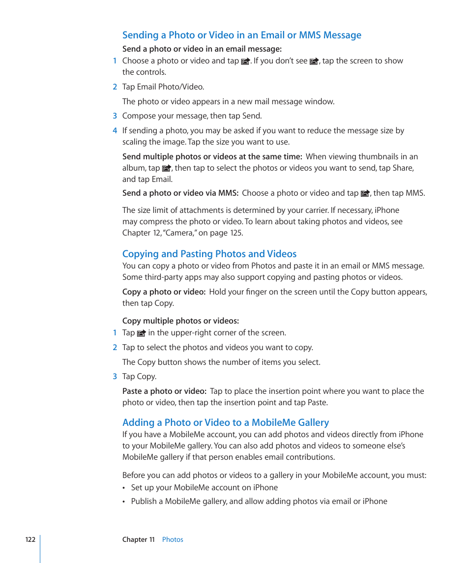 Copying and pasting photos and videos, Adding a photo or video to a mobileme gallery | Apple iPhone 4G User Manual | Page 122 / 274