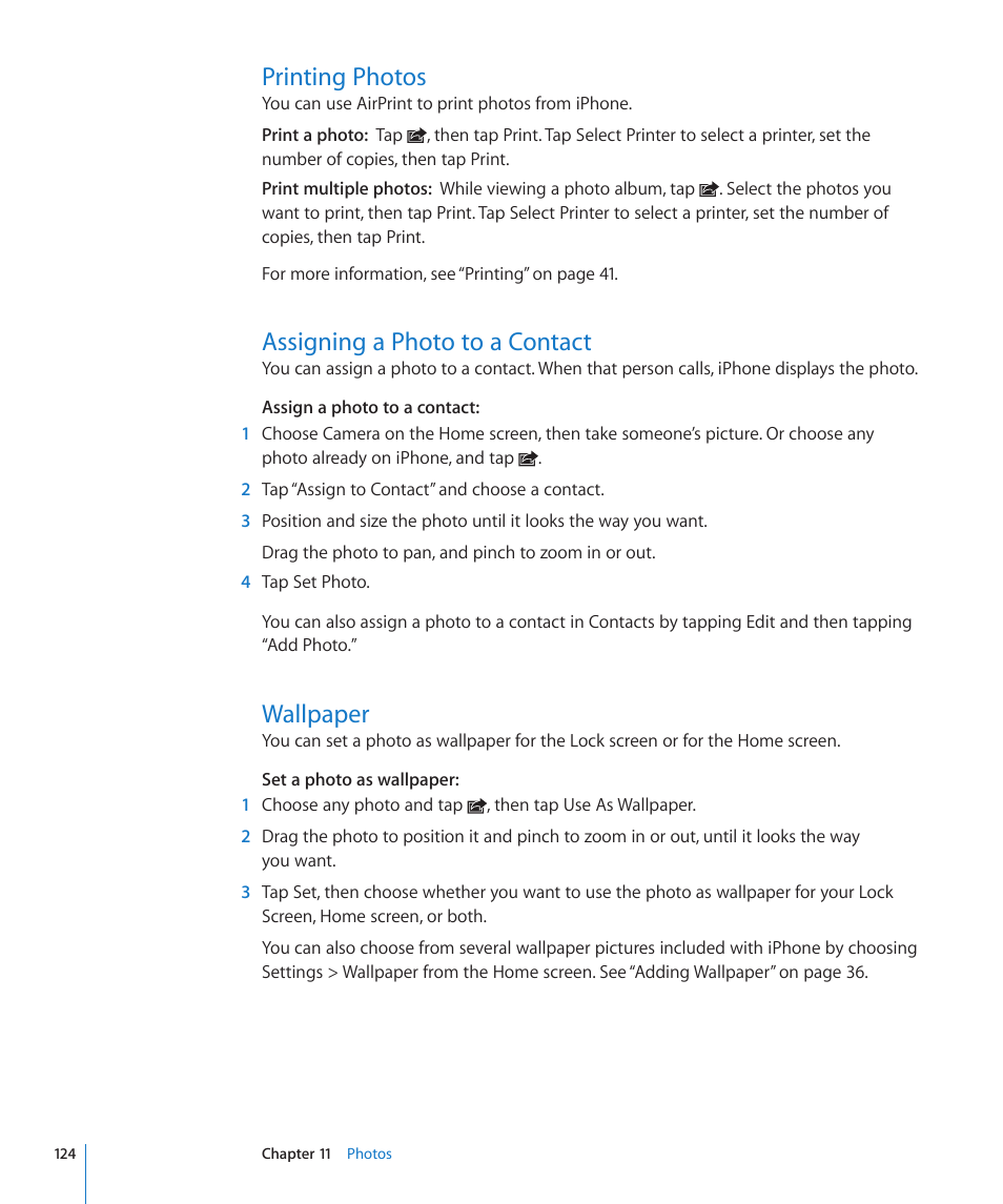 Printing photos, Assigning a photo to a contact, Wallpaper | Apple iPhone 4G User Manual | Page 124 / 274