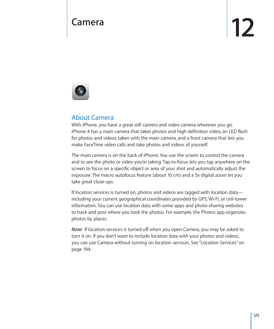 Chapter 12: camera, About camera, 125 about camera | Camera | Apple iPhone 4G User Manual | Page 125 / 274