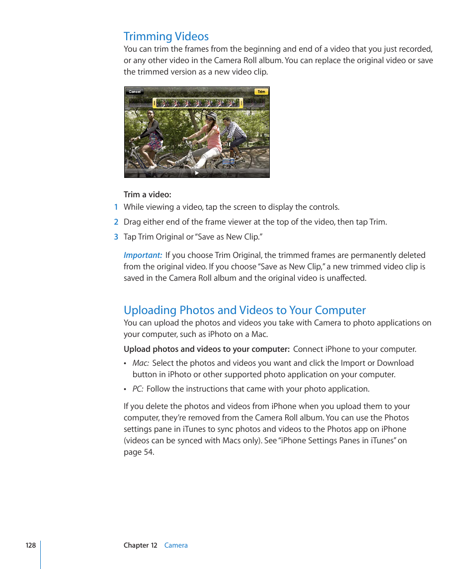 Trimming videos, Uploading photos and videos to your computer | Apple iPhone 4G User Manual | Page 128 / 274